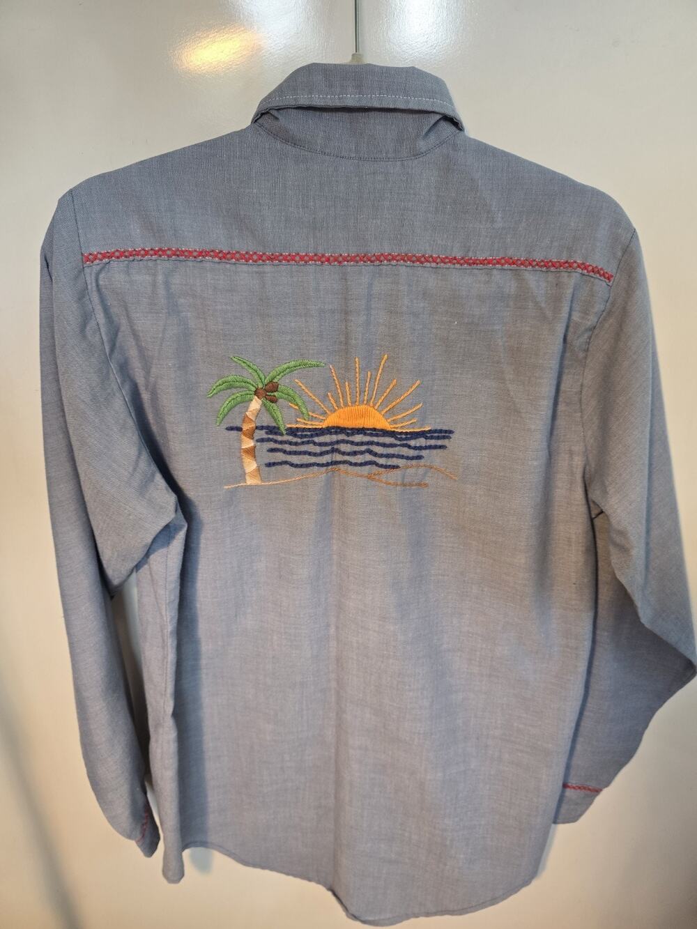 Vintage Big Mac Chambray Blue Embroidered Sunrise Work Shirt Men's M/L 70s 80s